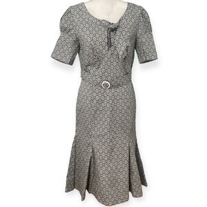 MUXXN Boutique Black/White Paisley Print Belted Midi Formal Tea Dress NWT